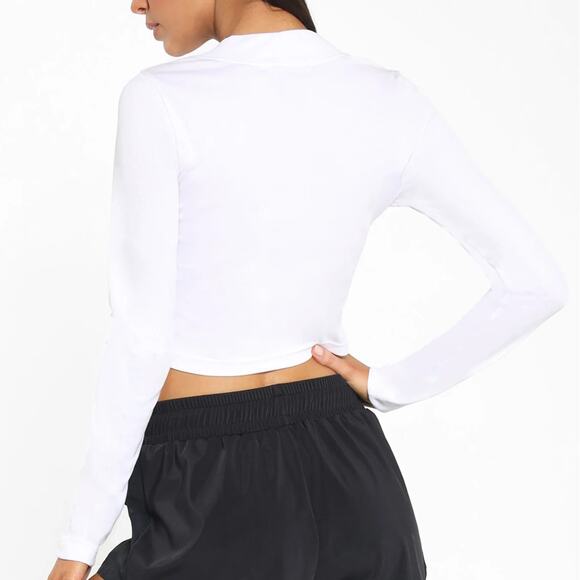 KORAL White Long Sleeve Crop Top MEDIUM Ribbed Mock Neck Logo Marlow $85 NEW - Picture 2 of 10
